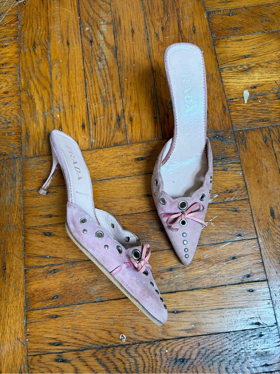 Prada Shoes - RARE Prada Pink Suede Pointed Toe Grommet Mule Heels with bows